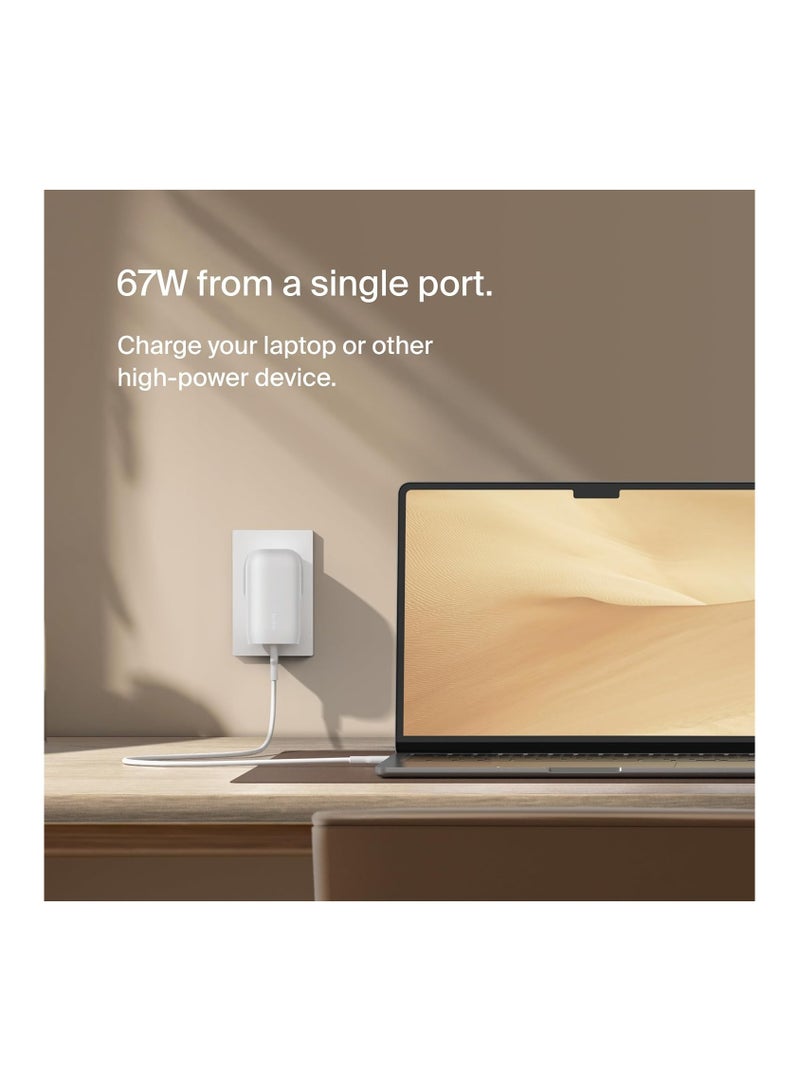 belkin - BoostCharge 3-Port USB-C Wall Charger with PPS 67W, USB-C PD 3.1 Enabled Fast Charging iPhone Charger for iPhone 16 Series, MacBook Pro, AirPods, Galaxy, and more, USB-C to USB-C cable included White - Image 1