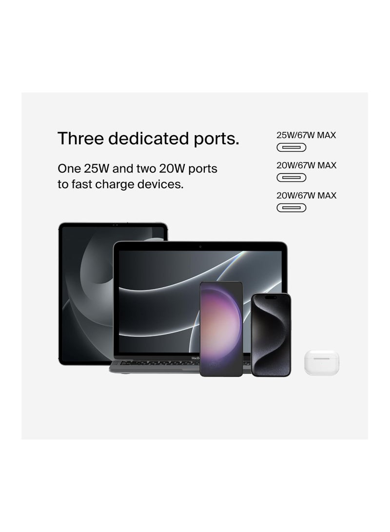 belkin - BoostCharge 3-Port USB-C Wall Charger with PPS 67W, USB-C PD 3.1 Enabled Fast Charging iPhone Charger for iPhone 16 Series, MacBook Pro, AirPods, Galaxy, and more, USB-C to USB-C cable included White - Image 1