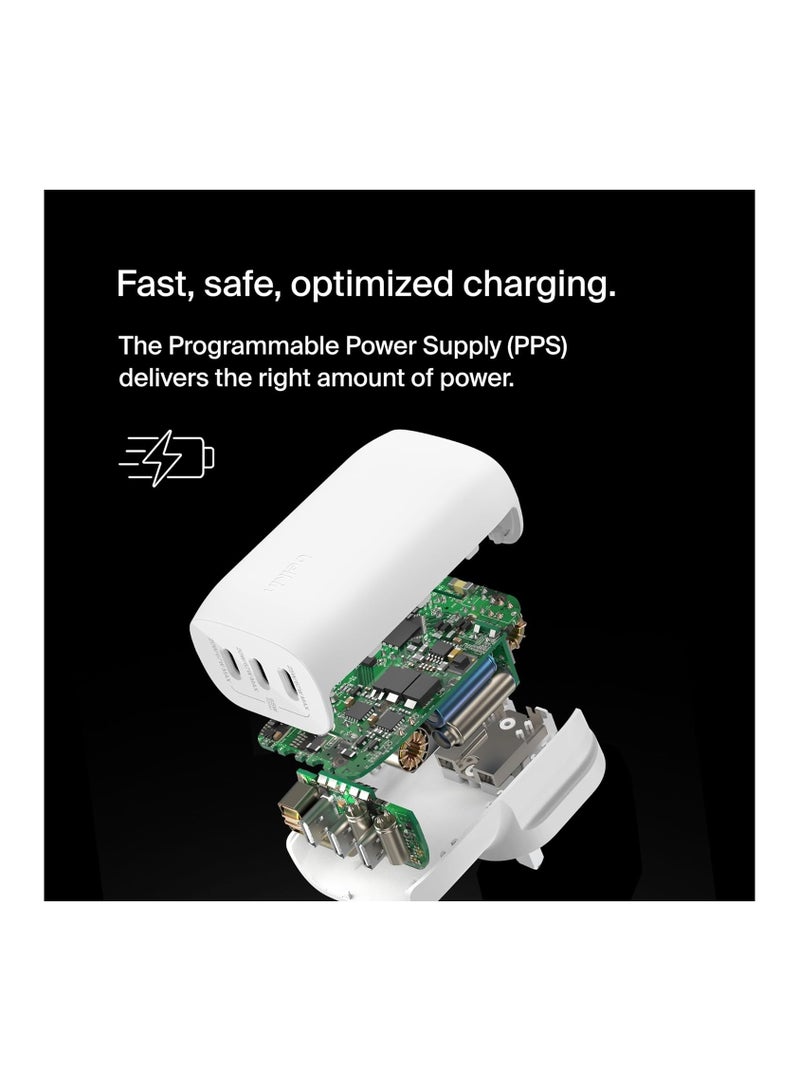 belkin - BoostCharge 3-Port USB-C Wall Charger with PPS 67W, USB-C PD 3.1 Enabled Fast Charging iPhone Charger for iPhone 16 Series, MacBook Pro, AirPods, Galaxy, and more, USB-C to USB-C cable included White - Image 1