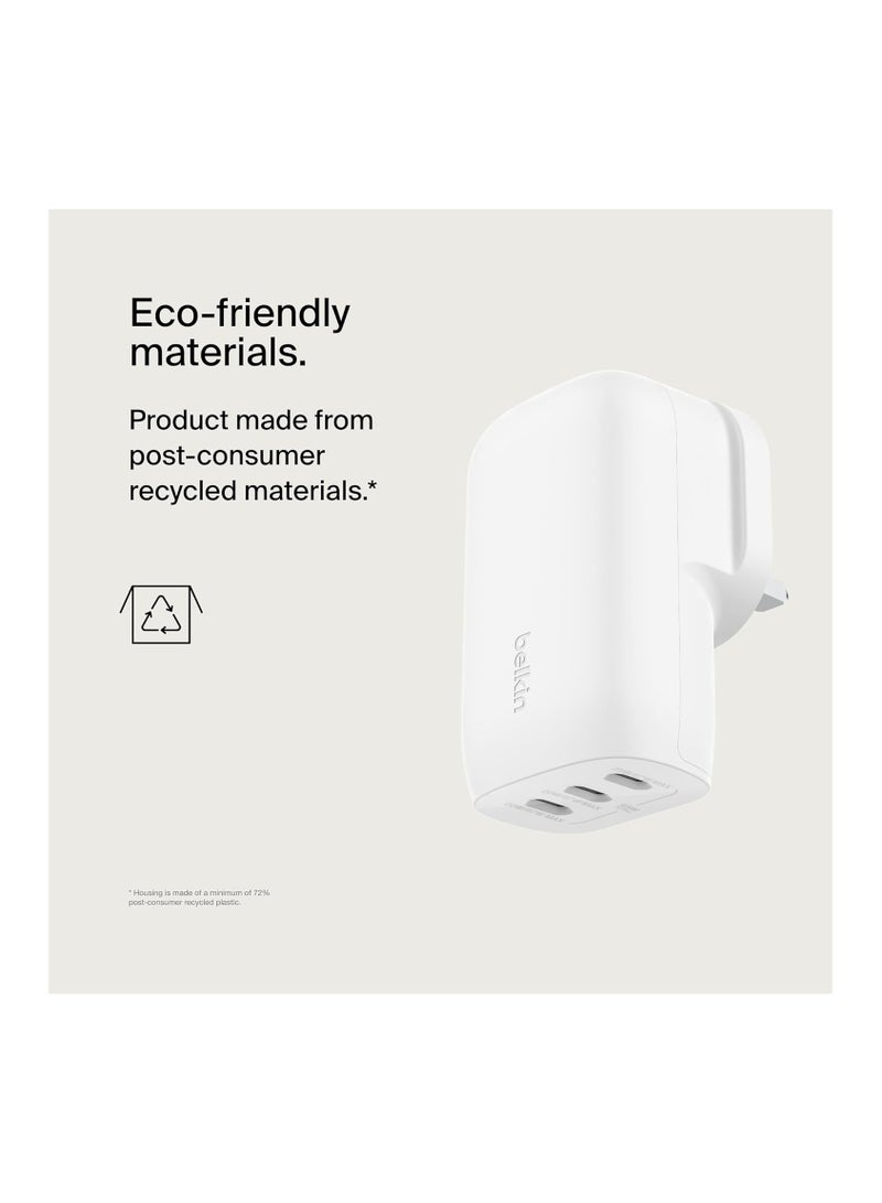 belkin - BoostCharge 3-Port USB-C Wall Charger with PPS 67W, USB-C PD 3.1 Enabled Fast Charging iPhone Charger for iPhone 16 Series, MacBook Pro, AirPods, Galaxy, and more, USB-C to USB-C cable included White - Image 1