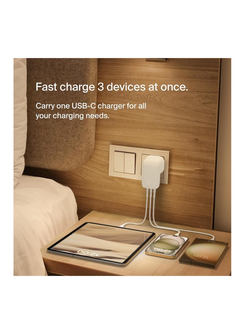 belkin - BoostCharge 3-Port USB-C Wall Charger with PPS 67W, USB-C PD 3.1 Enabled Fast Charging iPhone Charger for iPhone 16 Series, MacBook Pro, AirPods, Galaxy, and more, USB-C to USB-C cable included White - Image 1