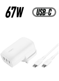 BoostCharge 3-Port USB-C Wall Charger with PPS 67W, USB-C PD 3.1 Enabled Fast Charging iPhone Charger for iPhone 16 Series, MacBook Pro, AirPods, Galaxy, and more, USB-C to USB-C cable included White