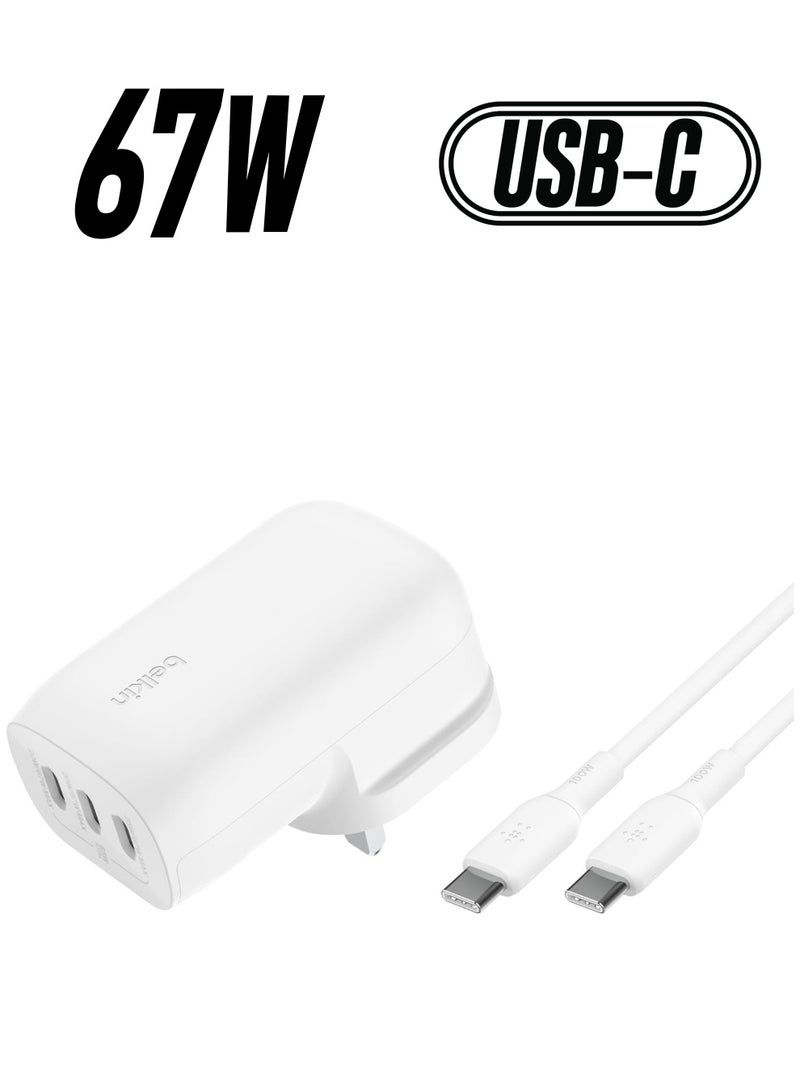 belkin - BoostCharge 3-Port USB-C Wall Charger with PPS 67W, USB-C PD 3.1 Enabled Fast Charging iPhone Charger for iPhone 16 Series, MacBook Pro, AirPods, Galaxy, and more, USB-C to USB-C cable included White - Image 1
