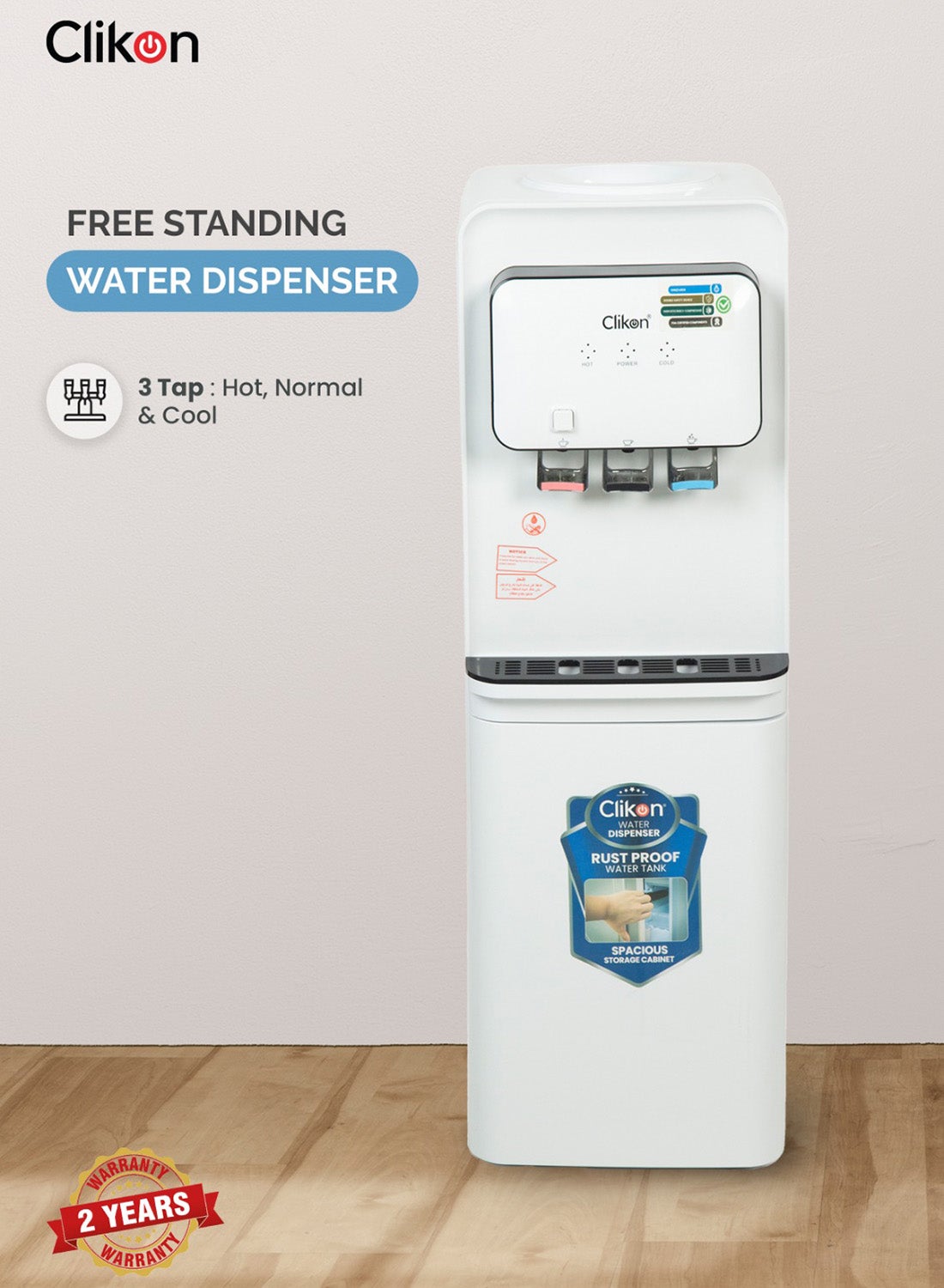 كليكون Hot & Cold Water Dispenser with Stainless Steel Rust-Proof Boiling Tank, High-Efficiency Danfu Compressor, R134a Refrigerant, Temperature-Controlled, 500W Power CK4038 white 