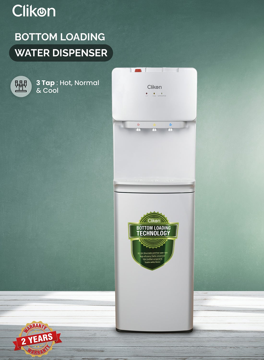 كليكون Bottom Loading Water Dispenser, Hot, Cold, Normal Water, Floor Standing, Made With stainless Steel Tank, Water Level Indicator Sensor And Child Lock CK4056 White 