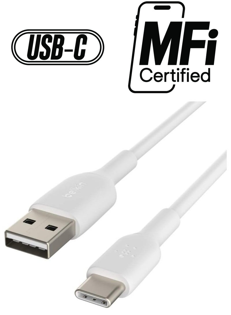 belkin BoostCharge USB C charger cable, USB-C to USB-A cable, USB type C charging cable for iPhone 15, Samsung Galaxy S24, S24+, S24 Ultra, Pixel, iPad Pro, Nintendo Switch and more - 1m, White  - Image 1
