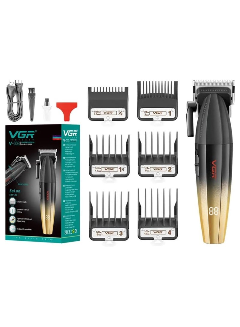 VGR - V-003 Professional Super Quality 9000RPM 2 Speed ​​Hair Clipper Ceramic Powder Coating Metal Blade Digital Display 2500mAh Battery 4 Adjustable Taper Lever 6 Guide Combs (Gold) - Image 1