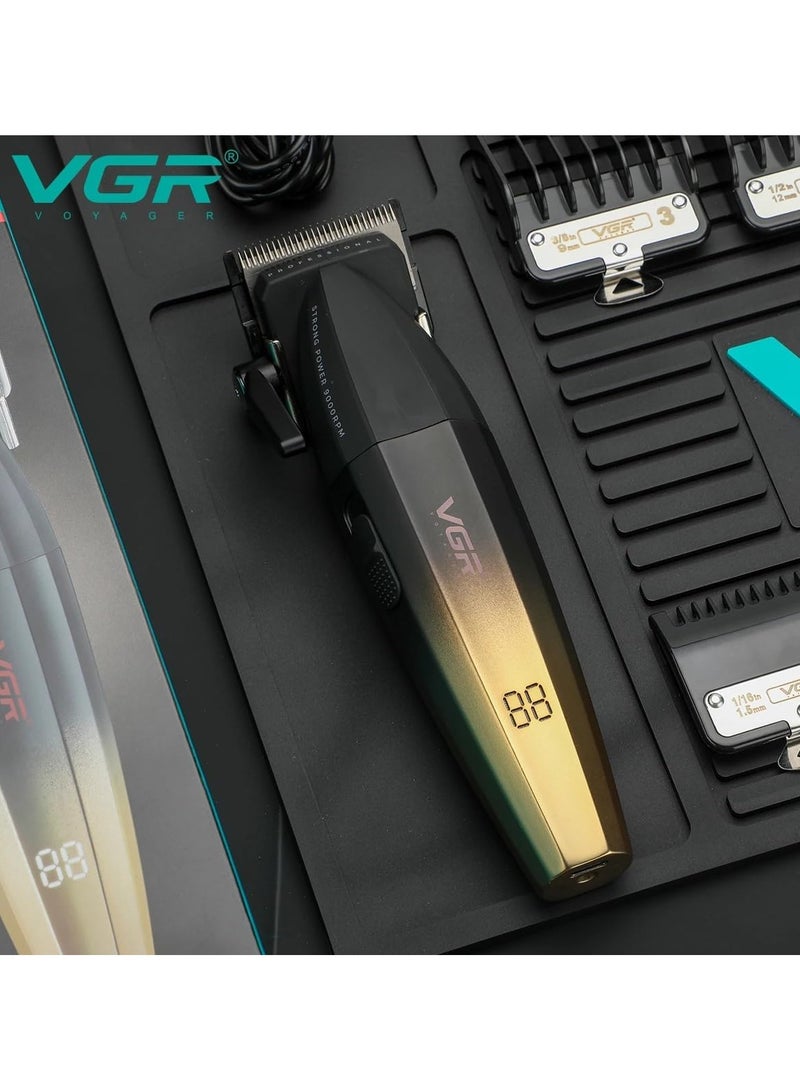 VGR - V-003 Professional Super Quality 9000RPM 2 Speed ​​Hair Clipper Ceramic Powder Coating Metal Blade Digital Display 2500mAh Battery 4 Adjustable Taper Lever 6 Guide Combs (Gold) - Image 1