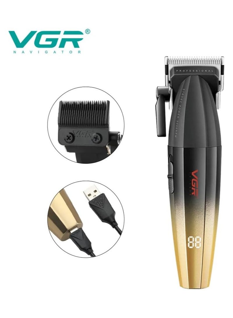 VGR - V-003 Professional Super Quality 9000RPM 2 Speed ​​Hair Clipper Ceramic Powder Coating Metal Blade Digital Display 2500mAh Battery 4 Adjustable Taper Lever 6 Guide Combs (Gold) - Image 1