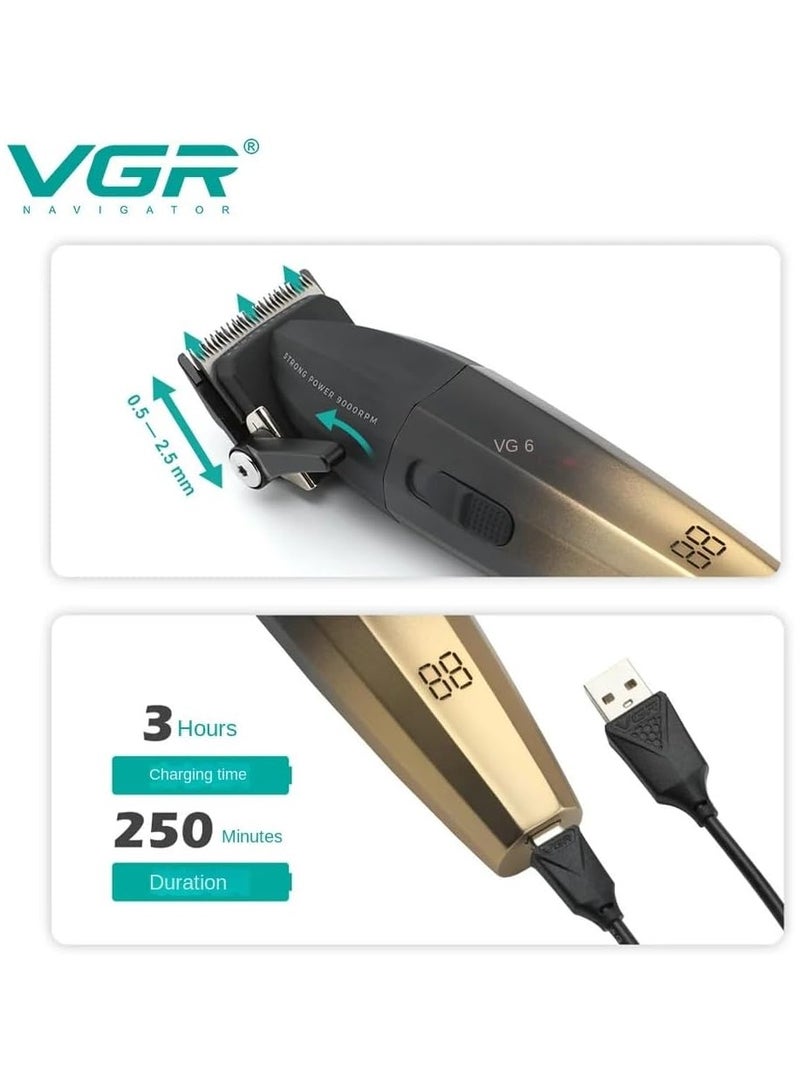 VGR - V-003 Professional Super Quality 9000RPM 2 Speed ​​Hair Clipper Ceramic Powder Coating Metal Blade Digital Display 2500mAh Battery 4 Adjustable Taper Lever 6 Guide Combs (Gold) - Image 1