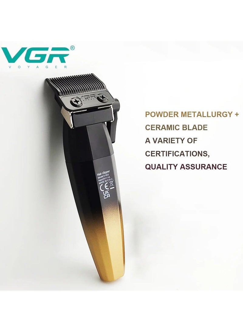 VGR - V-003 Professional Super Quality 9000RPM 2 Speed ​​Hair Clipper Ceramic Powder Coating Metal Blade Digital Display 2500mAh Battery 4 Adjustable Taper Lever 6 Guide Combs (Gold) - Image 1