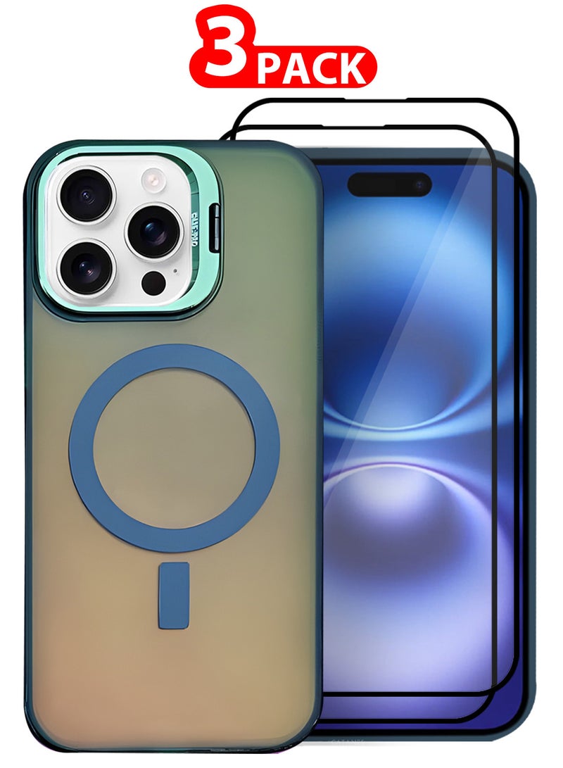 MARGOUN ( iPhone 16 Pro Max ) 3 Pack, 1 Case and 2 Screen Protectors, Gradient Holographic Iridescent MagSafe Case,Kickstand Case Cover Holographic Green  - Image 1