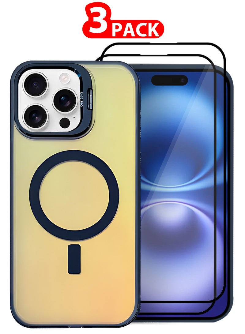 MARGOUN ( iPhone 16 Pro Max ) 3 Pack, 1 Case and 2 Screen Protectors, Gradient Holographic Iridescent MagSafe Case,Kickstand Case Cover Holographic Deep Blue  - Image 1