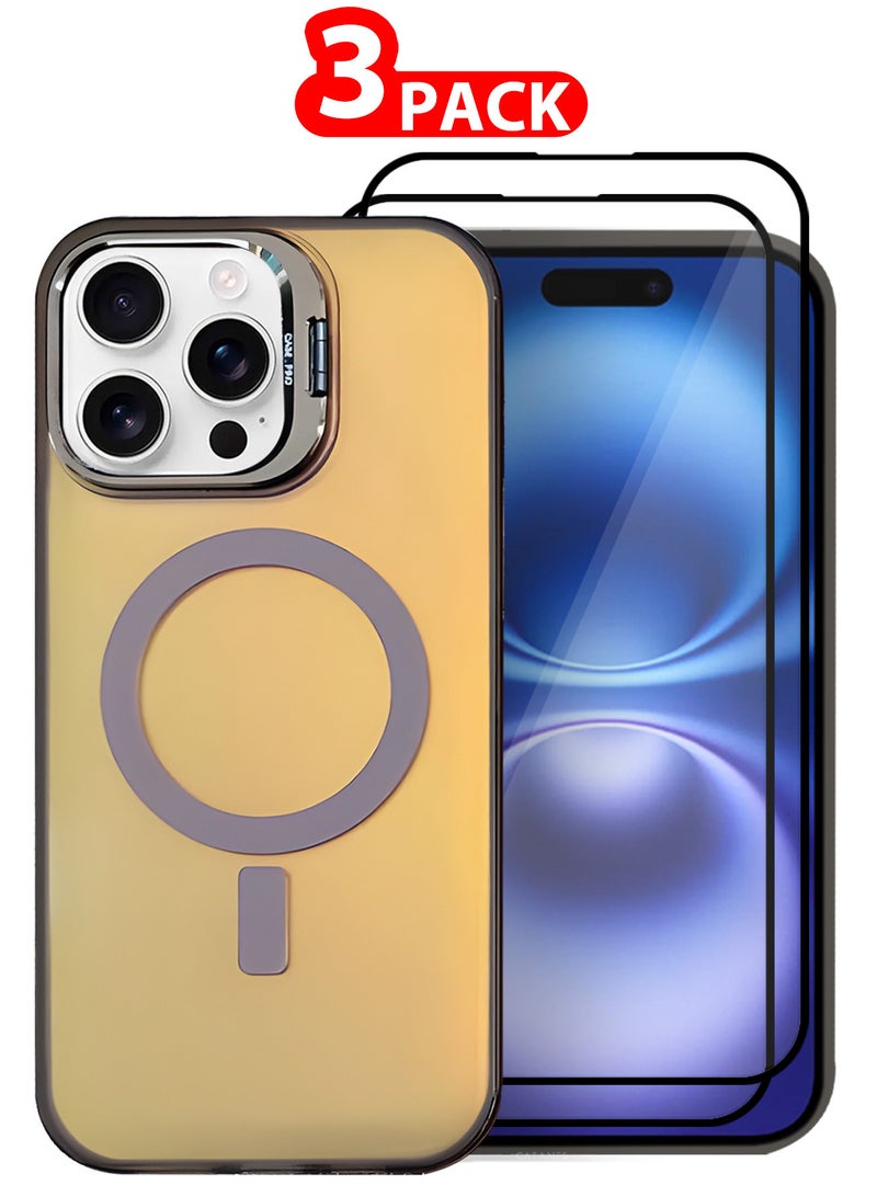 مارجون ( iPhone 16 Pro Max ) 3 Pack, 1 Case and 2 Screen Protectors, Gradient Holographic Iridescent MagSafe Case,Kickstand Case Cover Holographic Brown - Image 1