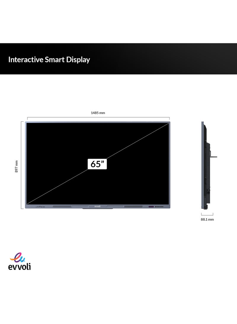 إيفولي شاشة ذكية تفاعلية 4K UHD، 65 بوصة LED مع قاعدة، أندرويد 13، 40 نقطة، مسافة ليزر 10 م - Image 2