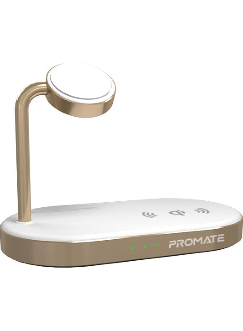 PROMATE Promate Aluminum Wireless Charger Stand, Multi-Device Charging Station with Qi-Certified 15W Fast Charging Pad, 24W SuperCharge USB Port and 5W MFi Certified Apple Watch Charger, WavePower Gold Gold  - Image 1