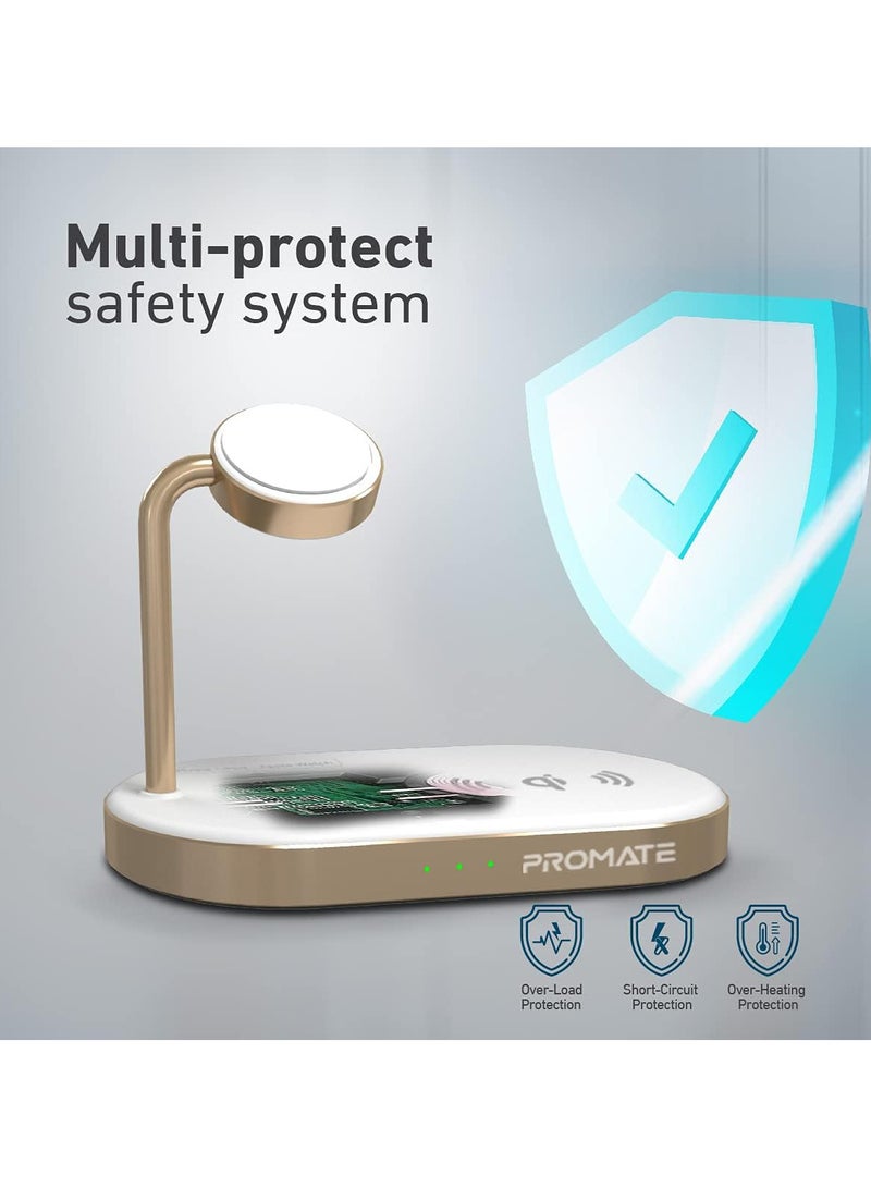 PROMATE Promate Aluminum Wireless Charger Stand, Multi-Device Charging Station with Qi-Certified 15W Fast Charging Pad, 24W SuperCharge USB Port and 5W MFi Certified Apple Watch Charger, WavePower Gold Gold  - Image 2