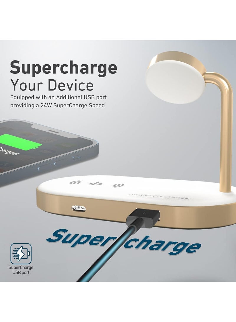 PROMATE Promate Aluminum Wireless Charger Stand, Multi-Device Charging Station with Qi-Certified 15W Fast Charging Pad, 24W SuperCharge USB Port and 5W MFi Certified Apple Watch Charger, WavePower Gold Gold  - Image 3