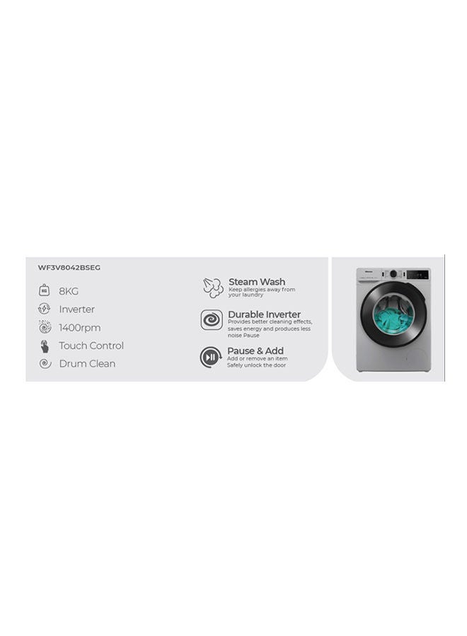 Hisense Hisense Washing Machine Touch Control Front loading 8KG , 1400rpm , Premium Silver color,inverter,Drum Clean,Allergy Steam WF3V8042BSEG Silver  - Image 2