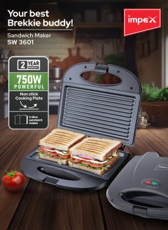 Impex Sandwich Maker 2 Slice, Non Stick Coated Plates, Power & Ready Indicator Light, Cool Touch Handle, Skid Resistant Feet, Compact Design with 218x127mm Plate Size 750 W SW 3601 Black  - Image 2