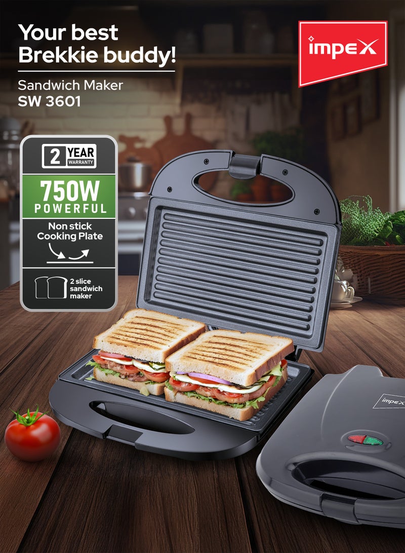 Impex Sandwich Maker 2 Slice, Non Stick Coated Plates, Power & Ready Indicator Light, Cool Touch Handle, Skid Resistant Feet, Compact Design with 218x127mm Plate Size 750 W SW 3601 Black  - Image 2