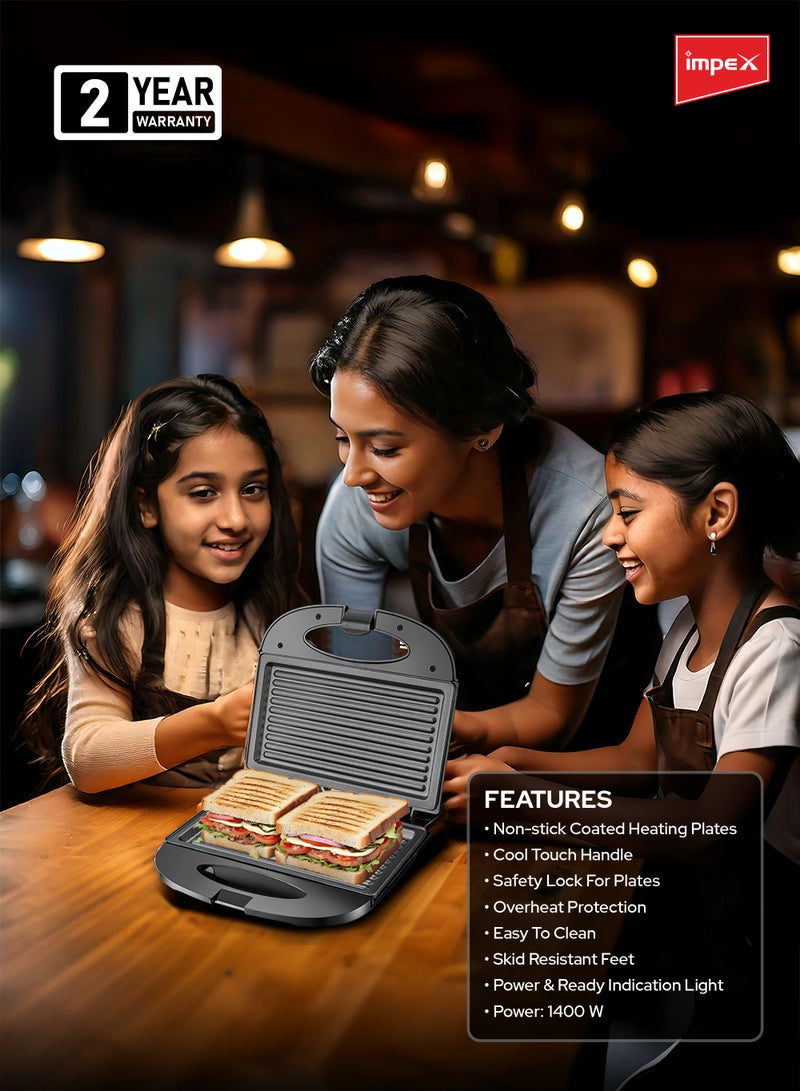 Impex - Sandwich Maker 2 Slice, Non Stick Coated Plates, Power & Ready Indicator Light, Cool Touch Handle, Skid Resistant Feet, Compact Design with 218x127mm Plate Size 750 W SW 3601 Black - Image 1