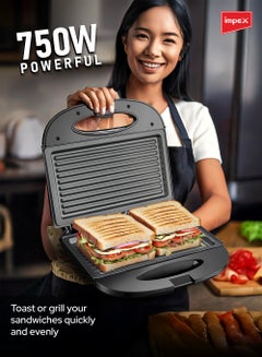 Impex Sandwich Maker 2 Slice, Non Stick Coated Plates, Power & Ready Indicator Light, Cool Touch Handle, Skid Resistant Feet, Compact Design with 218x127mm Plate Size 750 W SW 3601 Black  - Image 3