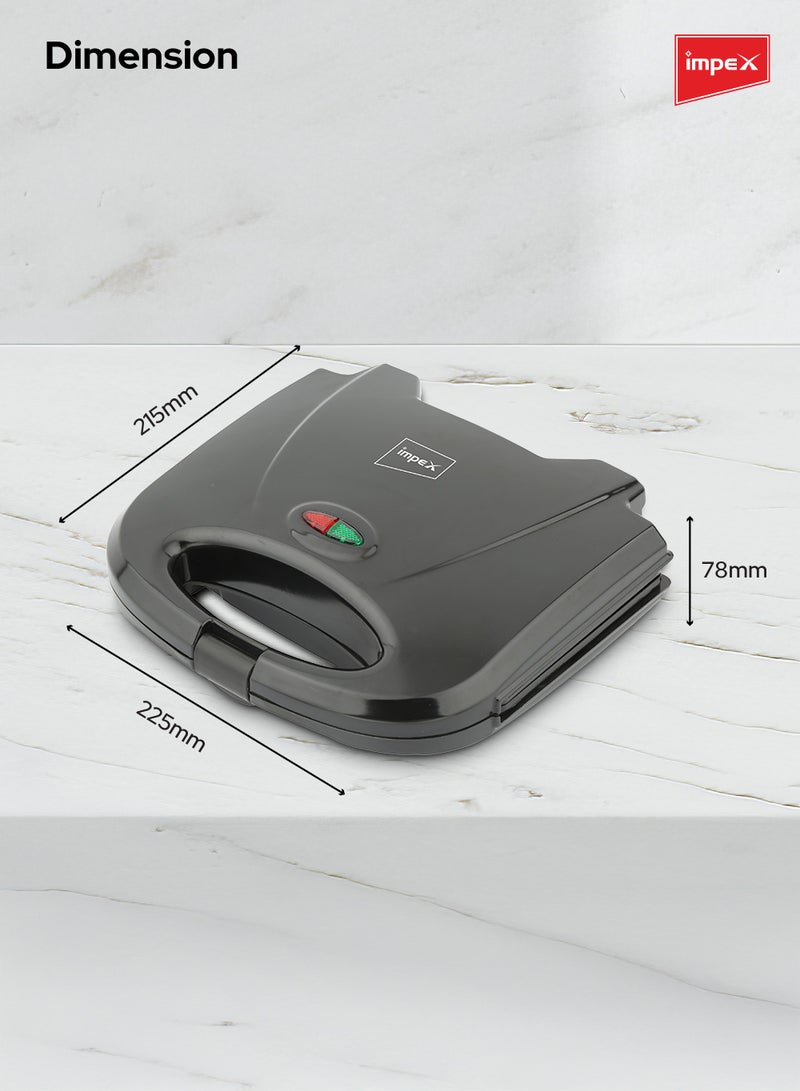 Impex - Sandwich Maker 2 Slice, Non Stick Coated Plates, Power & Ready Indicator Light, Cool Touch Handle, Skid Resistant Feet, Compact Design with 218x127mm Plate Size 750 W SW 3601 Black - Image 1