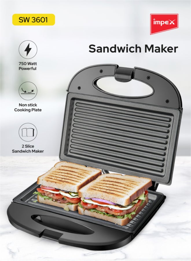 Impex Sandwich Maker 2 Slice, Non Stick Coated Plates, Power & Ready Indicator Light, Cool Touch Handle, Skid Resistant Feet, Compact Design with 218x127mm Plate Size 750 W SW 3601 Black - Image 1