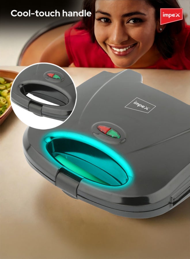 Impex Sandwich Maker 2 Slice, Non Stick Coated Plates, Power & Ready Indicator Light, Cool Touch Handle, Skid Resistant Feet, Compact Design with 218x127mm Plate Size 750 W SW 3601 Black - Image 5