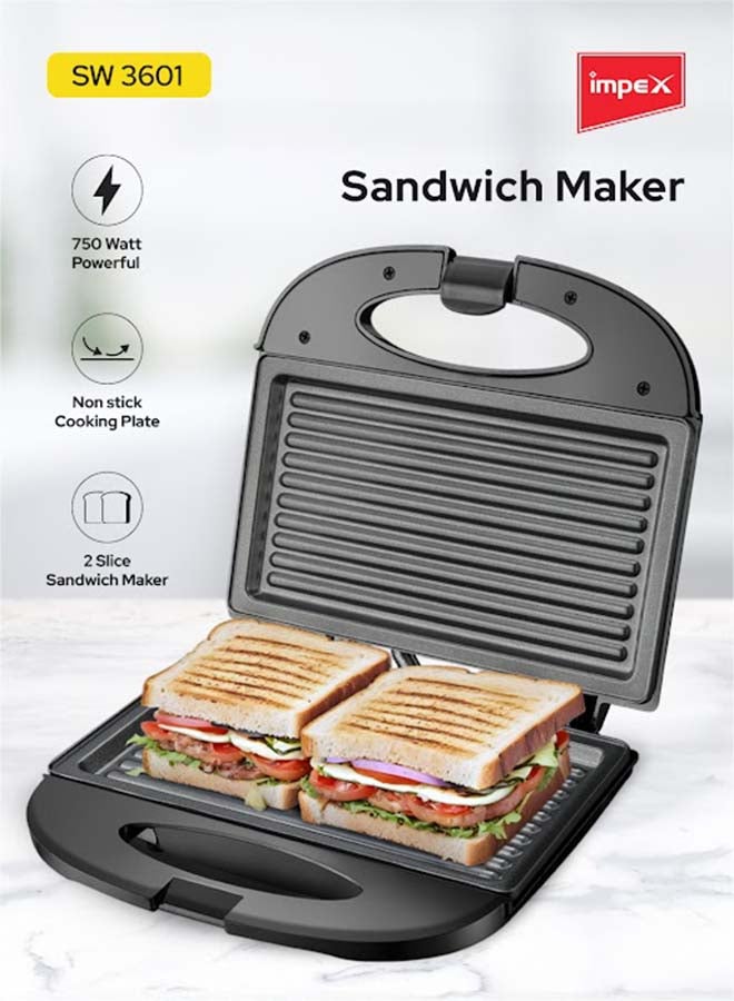 Impex Sandwich Maker 2 Slice, Non Stick Coated Plates, Power & Ready Indicator Light, Cool Touch Handle, Skid Resistant Feet, Compact Design with 218x127mm Plate Size 750 W SW 3601 Black - Image 1