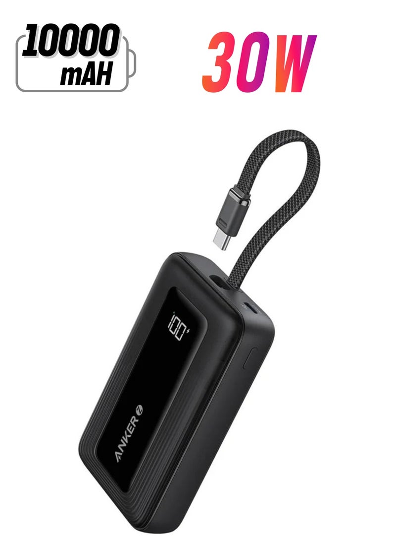 Anker - 10000 mAh Zolo Power Bank, 10,000mAh 30W High-Speed Portable Charger with Built-In USB-C Cable, Battery Pack For iPhone 16/16 Plus/16 Pro/16 Pro Max/15 Series, Galaxy, and More (, 10000 mAh) Black - Image 1