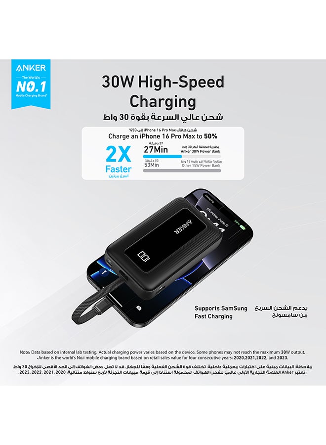 Anker 10000 mAh Zolo Power Bank, 10,000mAh 30W High-Speed Portable Charger with Built-In USB-C Cable, Battery Pack For iPhone 16/16 Plus/16 Pro/16 Pro Max/15 Series, Galaxy, and More (, 10000 mAh) Black  - Image 2