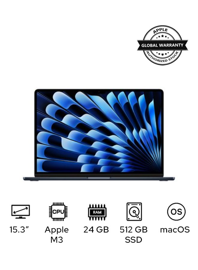 MacBook Air MC9L4 | 15.3 Inch Display | Apple M3 Chip | 8-Core CPU and 10-Core GPU | 24GB RAM | 512GB SSD | macOS | English And Arabic Keyboard | Midnight