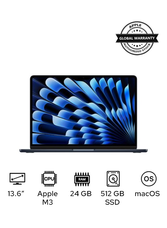 Apple - MacBook Air MC8Q4 Laptop With 13.6-Inch Display, M3 chip 8-core CPU and 10-core GPU Processor/24GB RAM/512GB SSD/macOS English/Arabic Midnight - Image 1