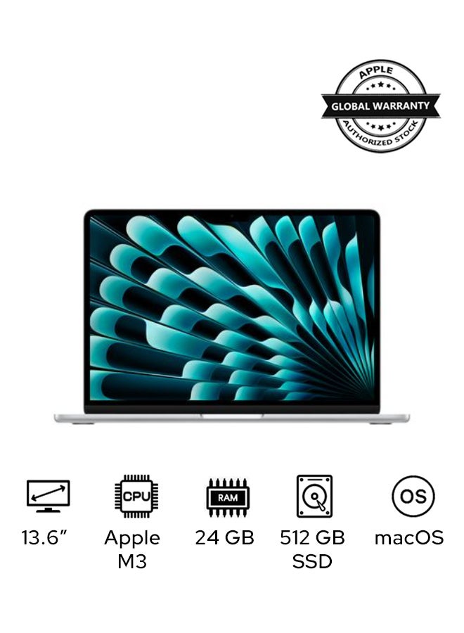 أبل - MacBook Air MC8N4 Laptop With 13.6-Inch Display, M3 chip 8-core CPU and 10-core GPU Processor/24GB RAM/512GB SSD/macOS English/Arabic Silver - Image 1