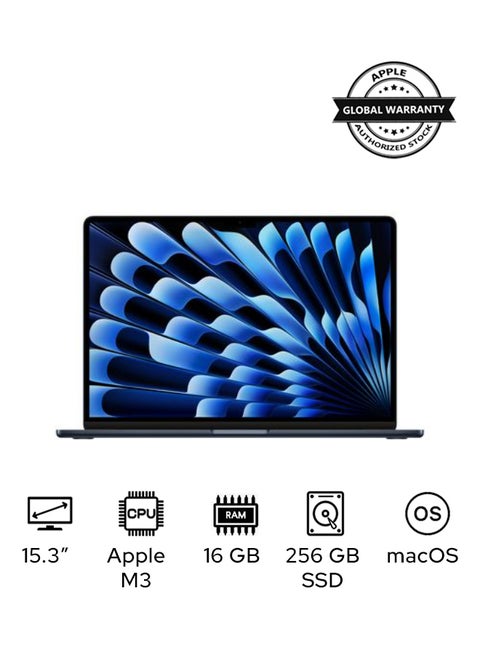 MacBook Air MC9G4 Laptop With 15.3-Inch Display, M3 chip 8-core CPU and 10-core GPU Processor/16GB RAM/256GB SSD/macOS English/Arabic Midnight