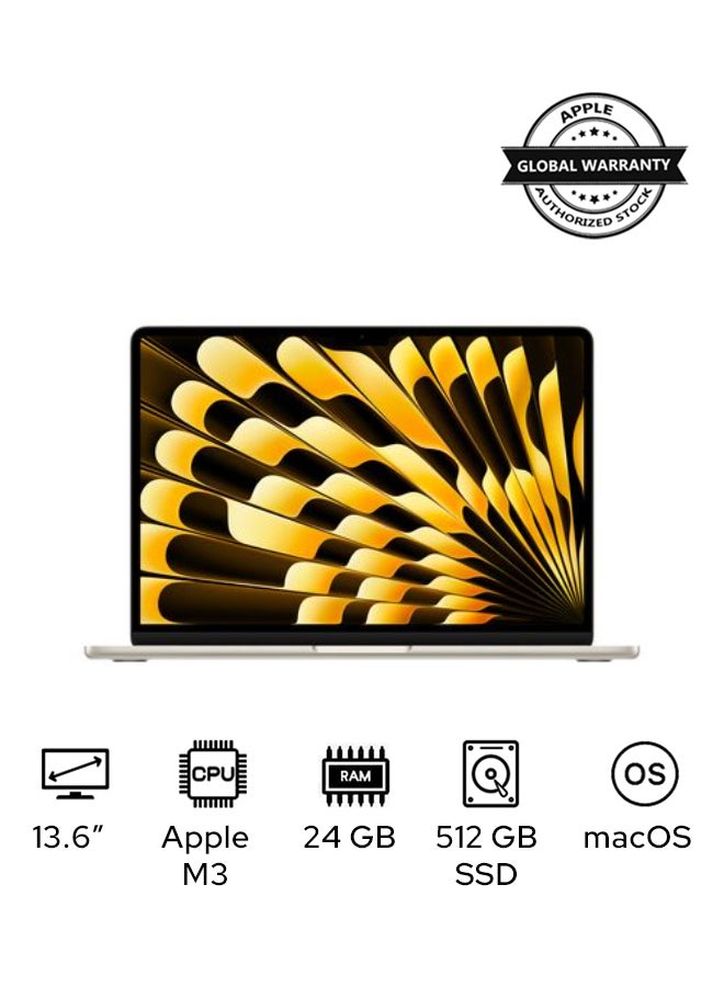 Apple MacBook Air MC8P4 Laptop With 13.6-Inch Display, M3 chip 8-core CPU and 10-core GPU Processor/24GB RAM/512GB SSD/macOS English/Arabic Starlight  - Image 1