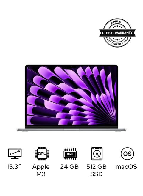 MacBook Air MC9H4 Laptop With 15.3-Inch Display, M3 chip 8-core CPU and 10-core GPU Processor/24GB RAM/512GB SSD/macOS English/Arabic Space Grey