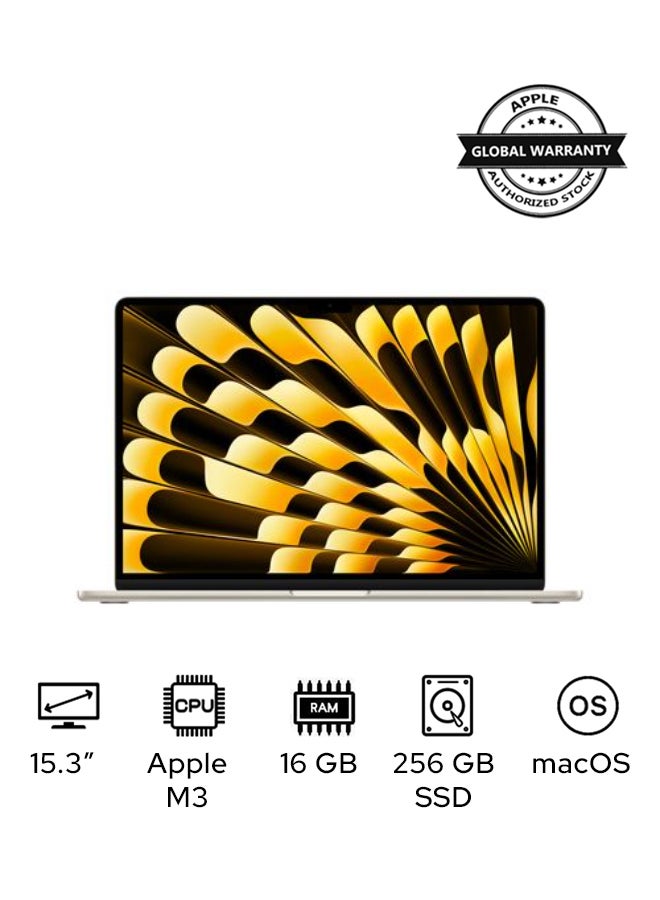 MacBook Air MC9F4 | 15.3 Inch Display | Apple M3 Chip | 8-Core CPU and 10-Core GPU | 16GB RAM | 256GB SSD | macOS | English And Arabic Keyboard | Starlight