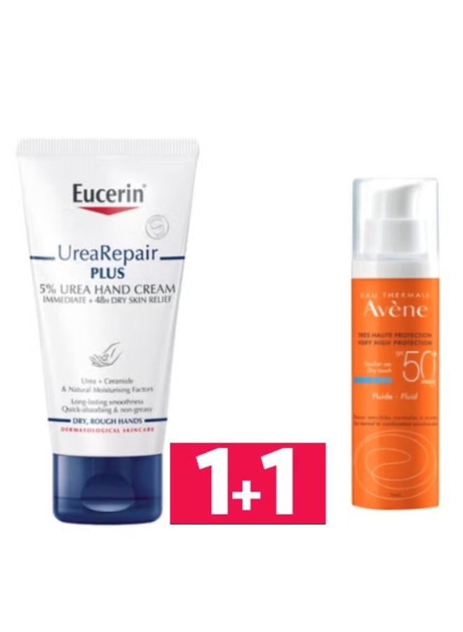 آفين Fluide SPF 50+ Sunscreen + Urearepair Plus 5% Urea Hand Cream With Ceramides Dry And Rough Skin 50ML+75MLml  - Image 1