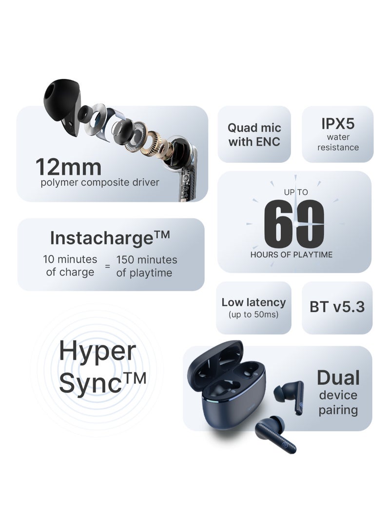 Aura Buds in-Ear Truly Wireless Earbuds with 60H of Playtime, Quad Mic with ENC, Dual Device Pairing, Instacharge(10 min=150 min),12mm Polymer Composite Driver,BT v5.3 Aura Blue - pnsku/N70126912V/45/_/1730792985/373e0207-2678-437a-8408-165af307dbe0