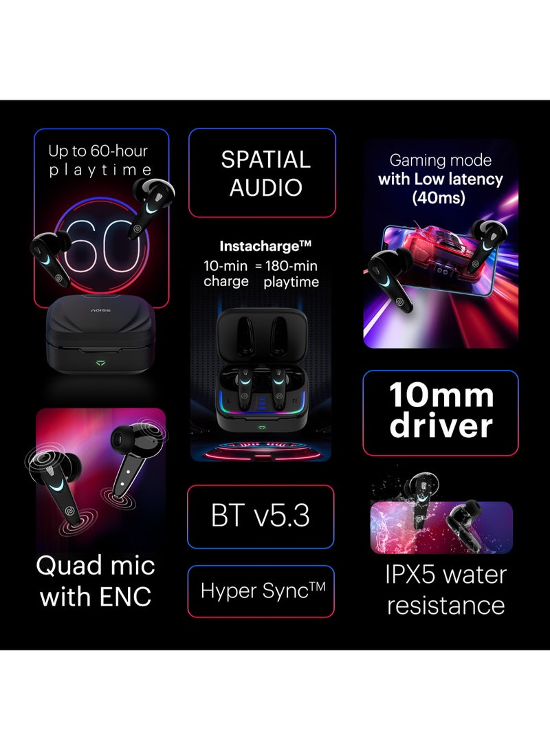 Newly Launched Buds Combat X In-Ear Truly Wireless Gaming Earbuds with 40ms Low Latency, 60H of Playtime, Spatial Audio, RGB Lights,Instacharge(10 min=180 min),10mm Driver,BT v5.3 Stealth Black