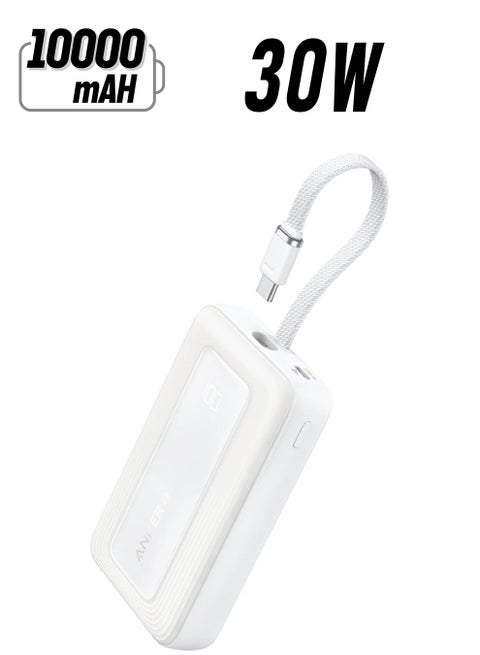 10000 mAh Zolo Power Bank 30W Portable Charger With Built-in USB C Cable White
