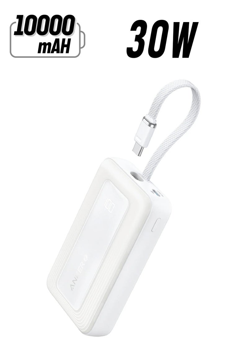 Anker 10000 mAh Zolo Power Bank 30W Portable Charger With Built-in USB C Cable White  - Image 1