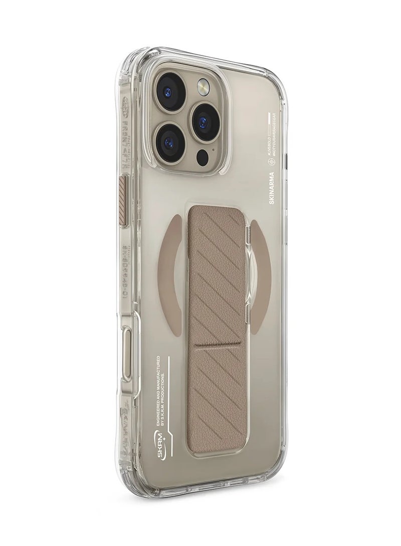Skinarma Series Axon Protective Case with Extenable Grip-Stand Extends Outwards For Hands-Free Viewing Mag-Charge Secure Magnetic Alignment Compatible with iPhone 16 Pro Gold  - Image 2