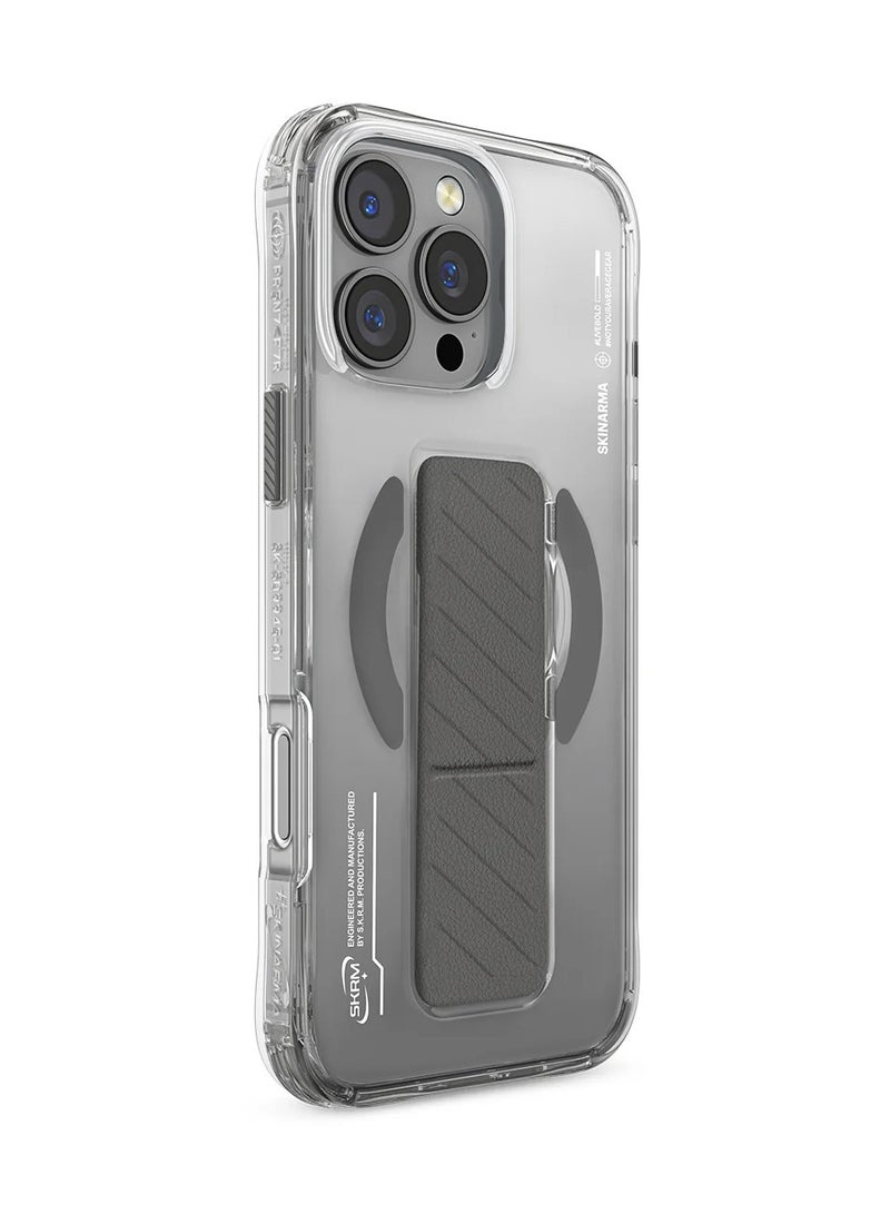 Skinarma Series Axon Protective Case with Extenable Grip-Stand Extends Outwards For Hands-Free Viewing Mag-Charge Secure Magnetic Alignment Compatible with iPhone 16 Pro Grey Titanium  - Image 2