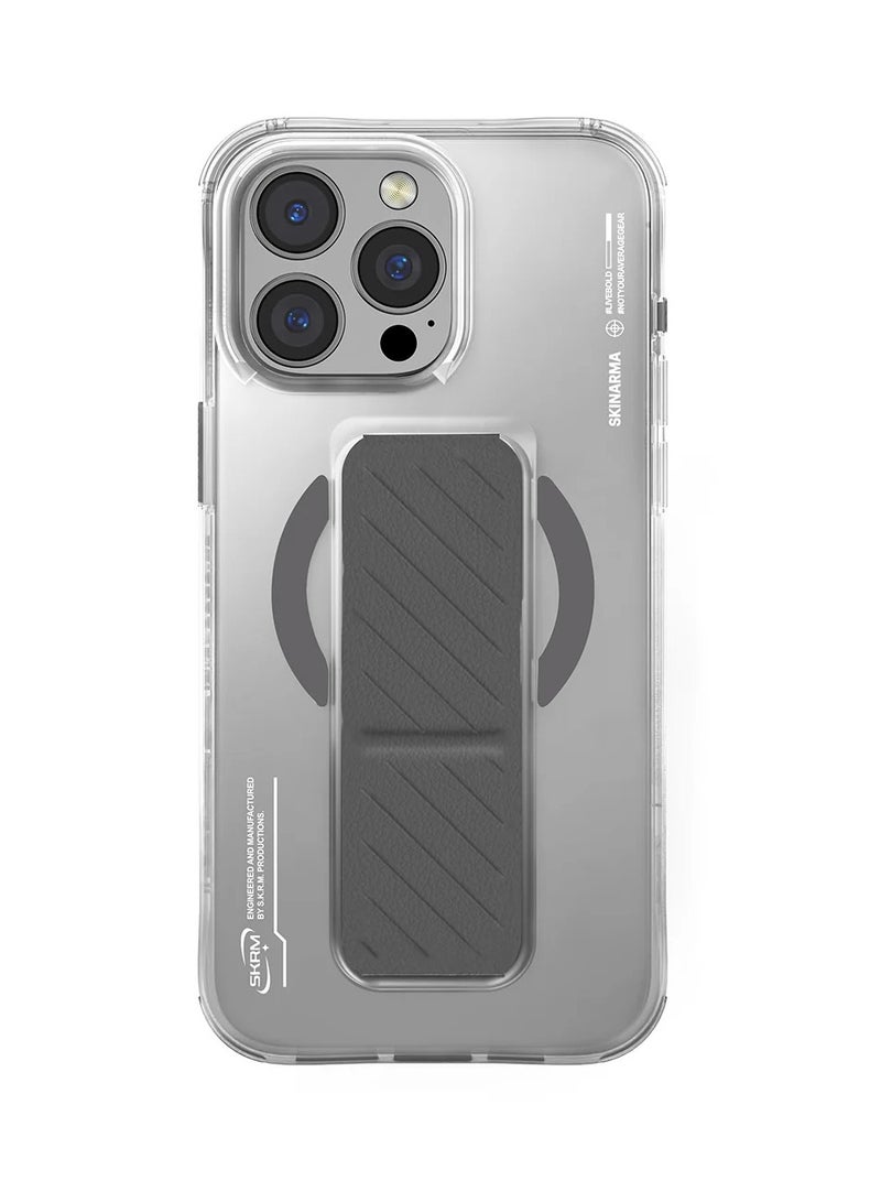Skinarma Series Axon Protective Case with Extenable Grip-Stand Extends Outwards For Hands-Free Viewing Mag-Charge Secure Magnetic Alignment Compatible with iPhone 16 Pro Grey Titanium  - Image 1