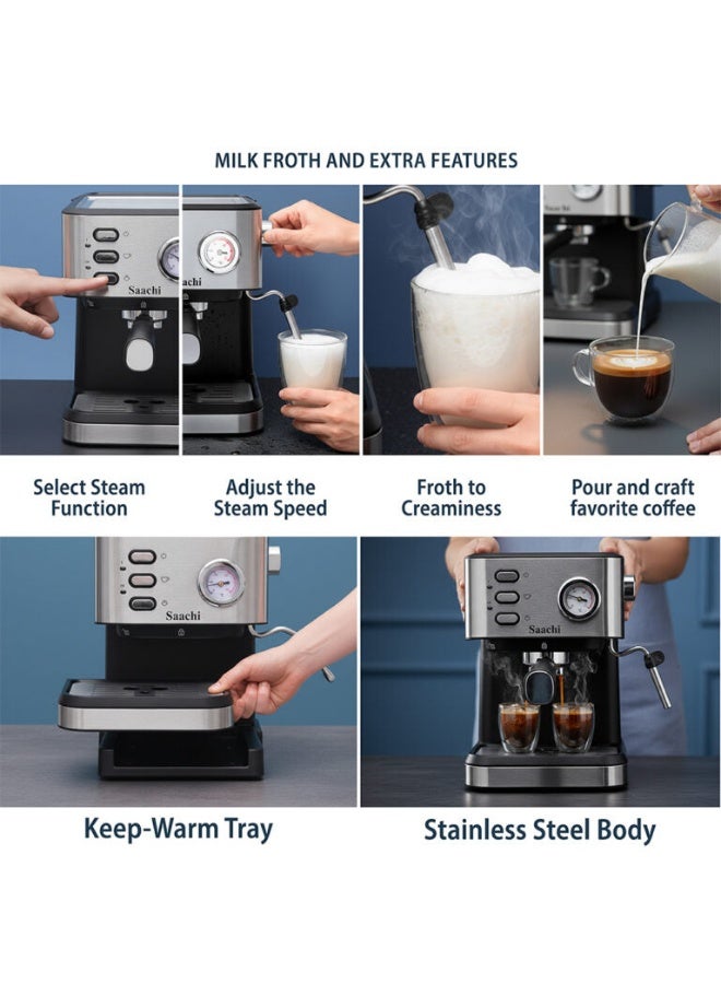 Saachi 20-Bar Espresso Coffee Maker NL-COF-7073-BK, Cappuccino & Latte Machine, 1.5L Removable Water Tank, Milk Frother, Cup Warmer 0.01 L 1050 W NL-COF-7073-BK Black - Image 5
