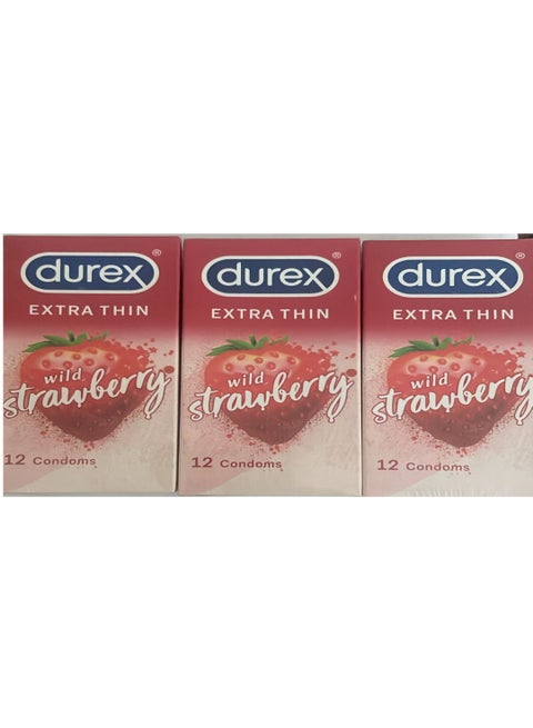 12-Piece Extra Thin Wild Strawberry Flavored Condoms For Men, Pack Of 3